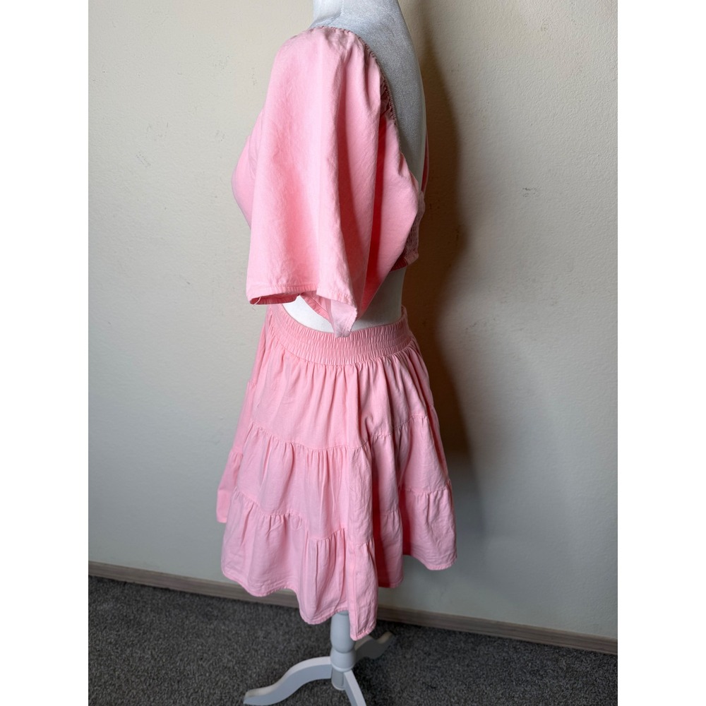 Senllen Pink Cutout Tiered Mini Dress Medium Cotton Summer Sun Dress Coquette‎ - Picture 6 of 12